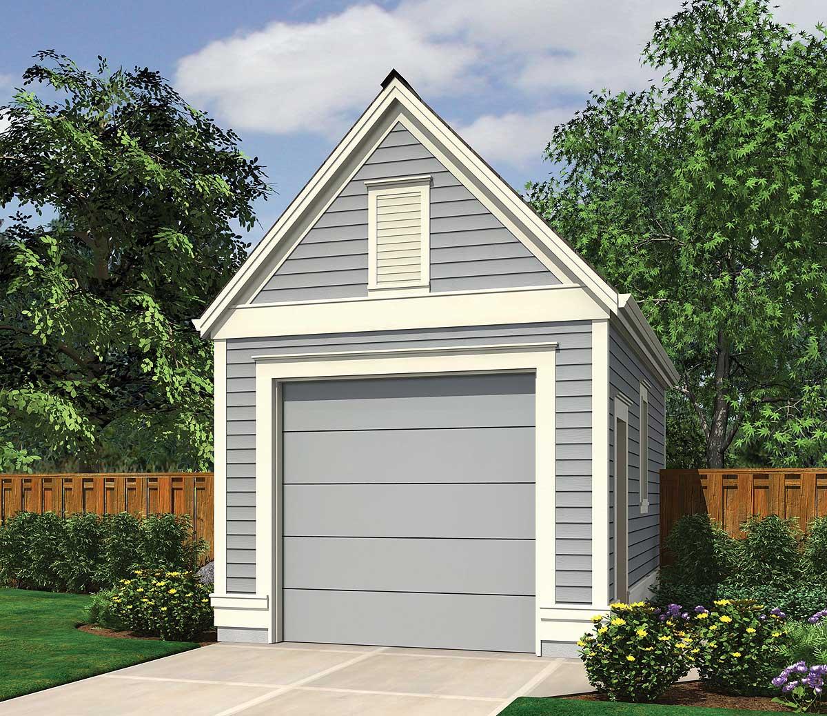 House plan exterior: One-story garage with gable roof, vertical trim accent in gable, and horizontal siding.
