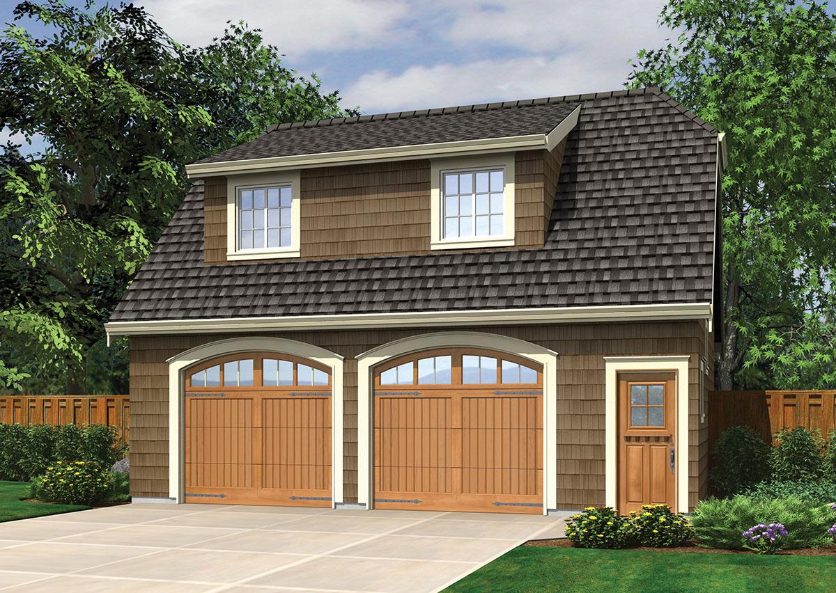 House plan exterior with two-car garage. Features include a gambrel roof with dormer windows, cedar shake siding, and arched garage doors.