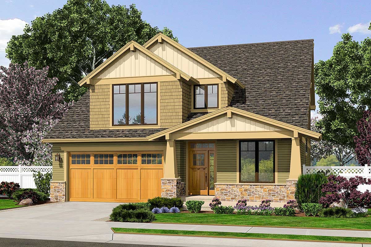 House plan exterior: two-story Craftsman style with gabled dormers, stone and shingle siding, and a covered front porch.
