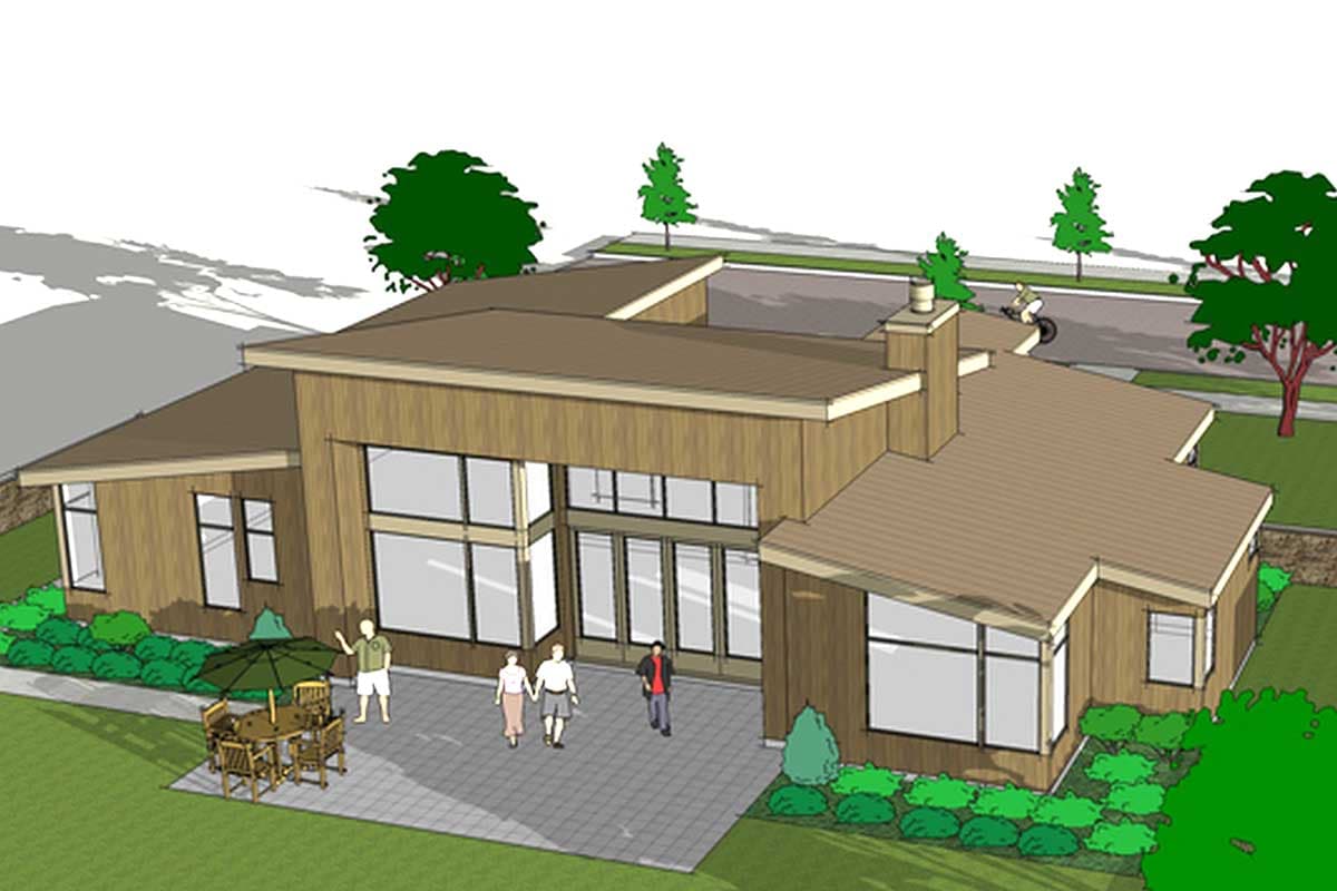 Modern ranch house plan exterior with a low-pitched roof, extensive glazing, and wood siding.
