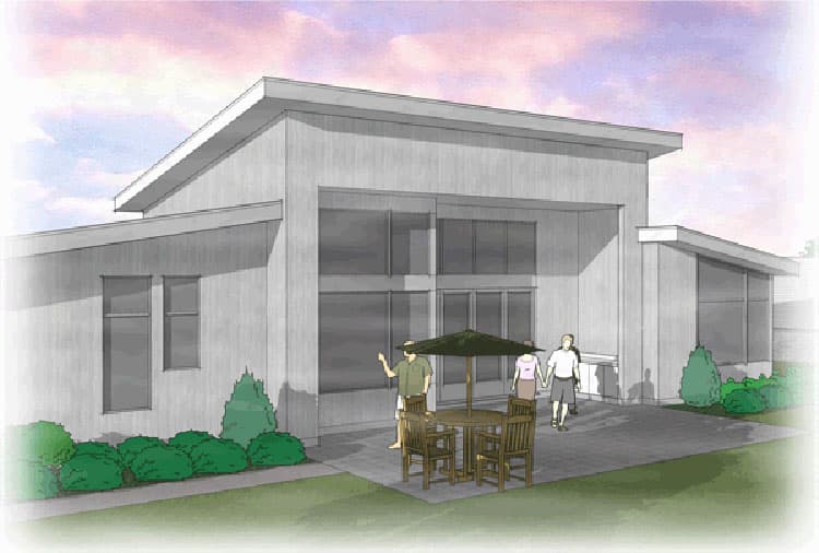 Modern house plan exterior with flat roofline, large windows, and outdoor patio seating area.