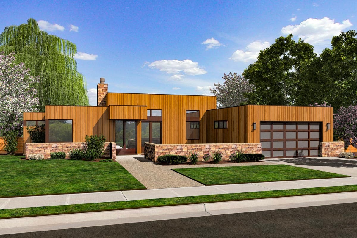 Modern house plan exterior with horizontal wood siding, stone accents, large windows, and a glass-panel garage door.