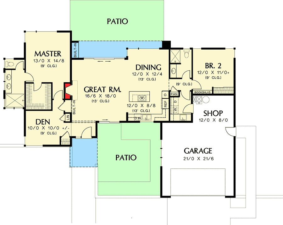 Plan 69477AM: Contemporary with Options - Floor Plan - Main Level - Contemporary, Mid Century Modern, Modern