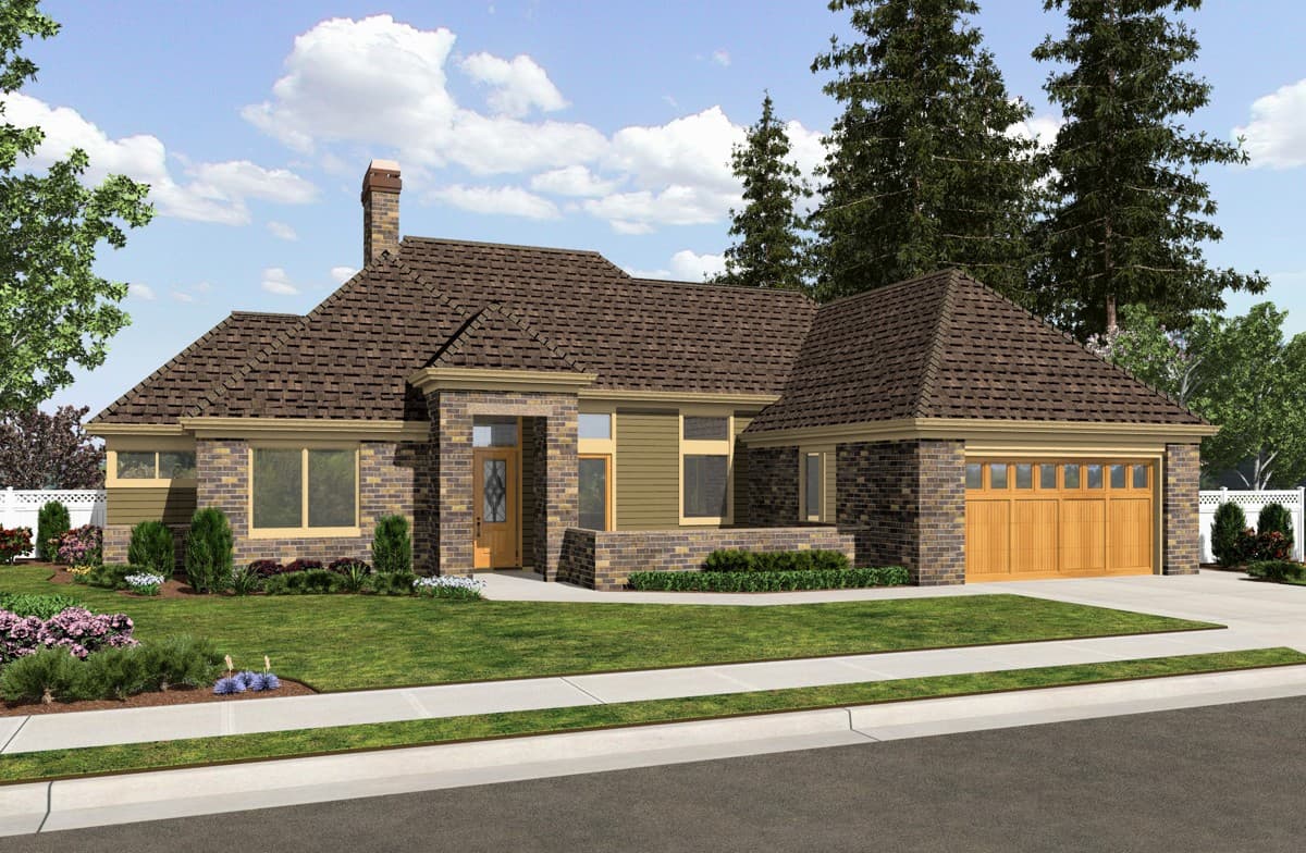 House plan exterior: one-story residence with brick facade, wood garage door, prominent gables, and covered entry.