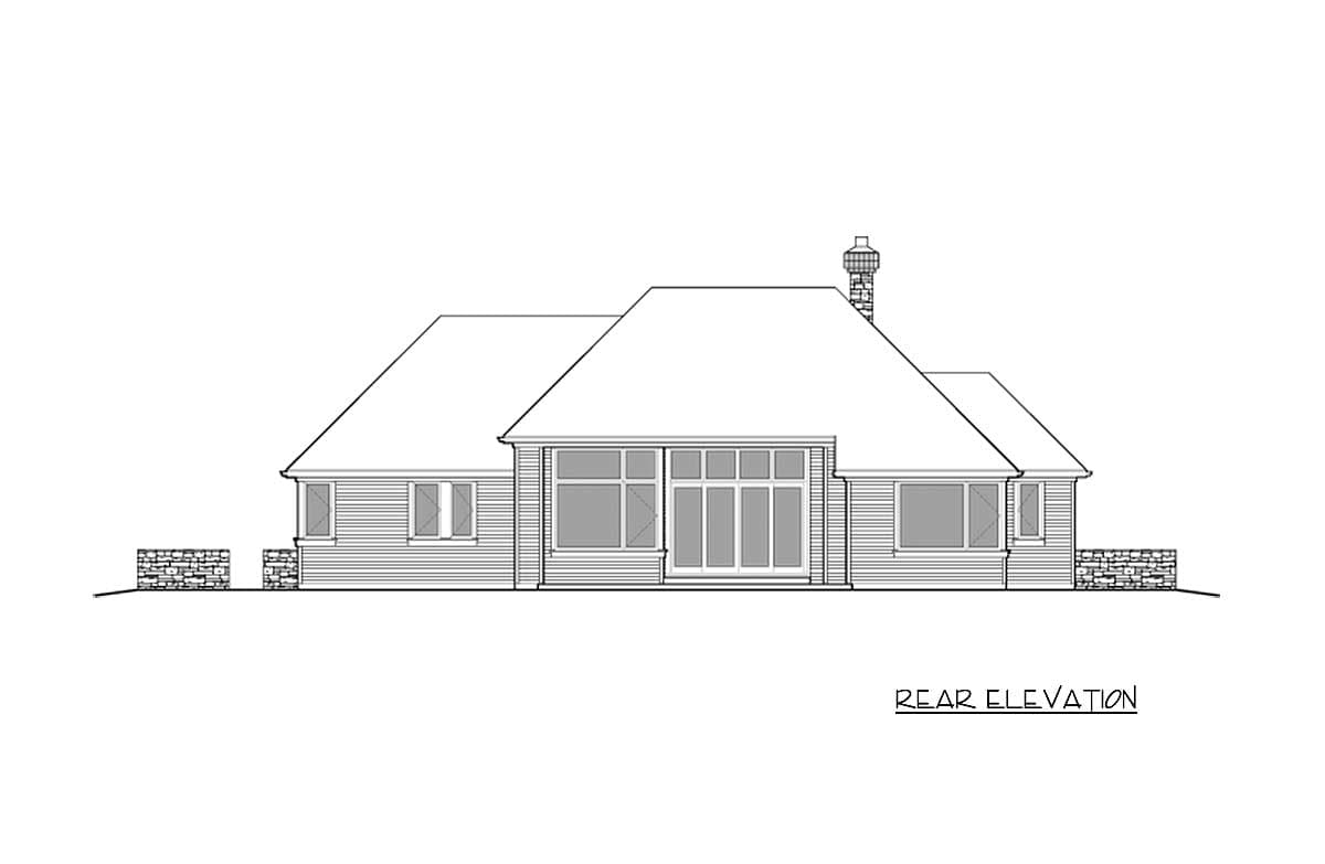 Rear elevation house plan. Features large multi-panel windows, gabled rooflines, and stone accents.