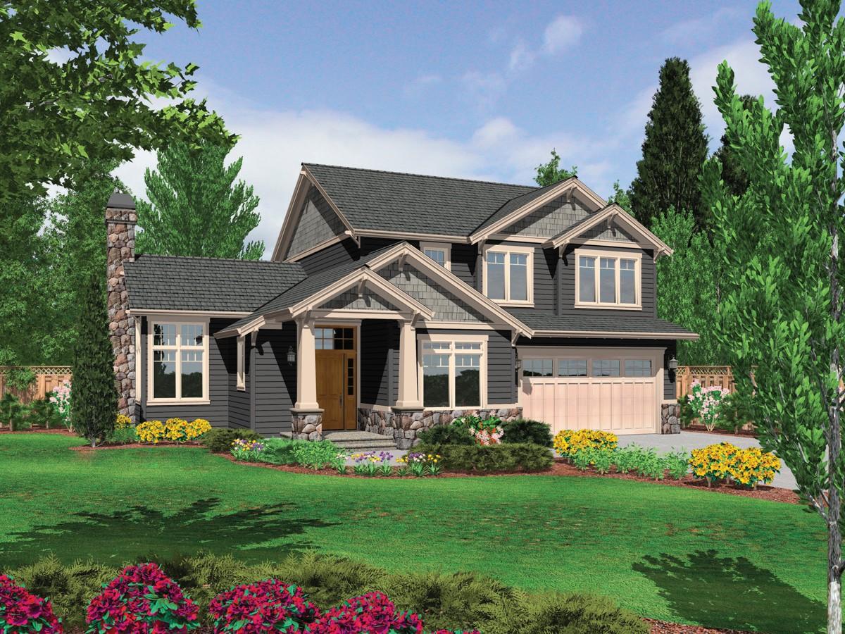 House plan exterior: Two-story home with stone chimney, covered entry porch, gables, and attached two-car garage.