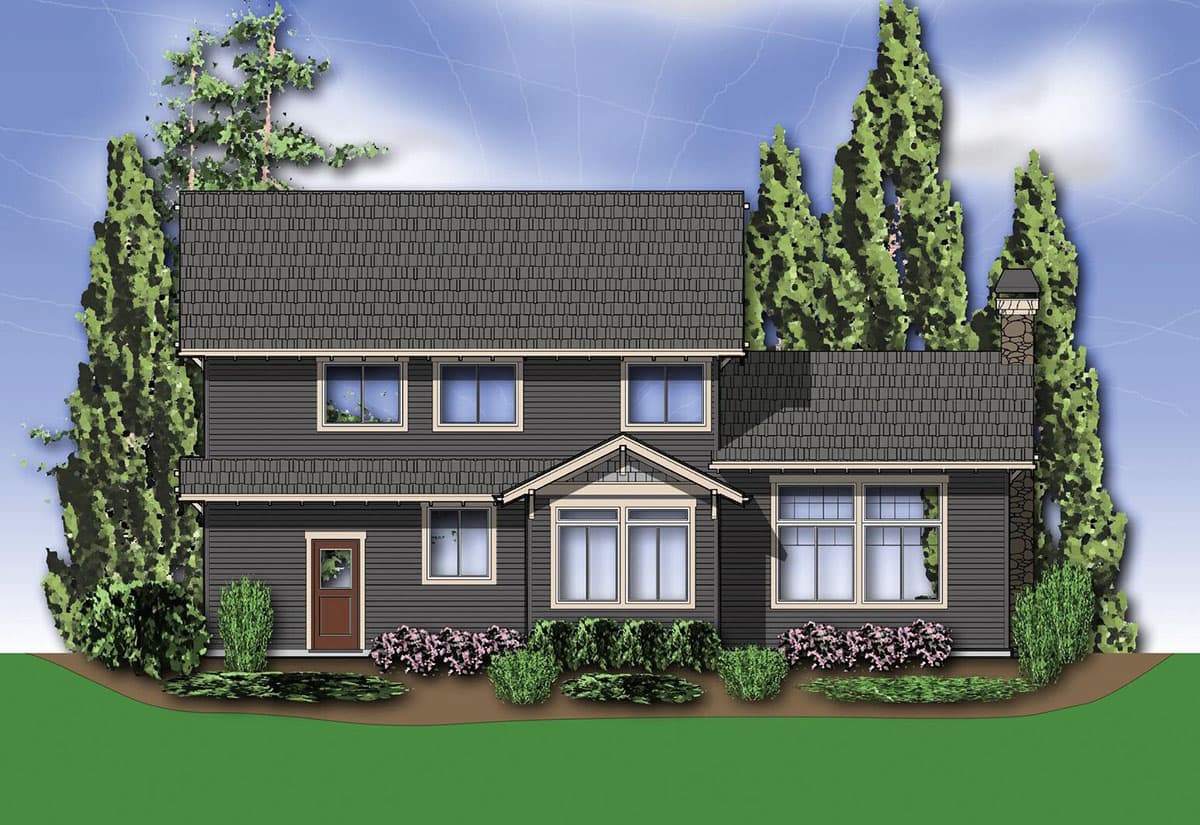 House plan exterior: Two-story home with gabled dormer, prominent windows, and stone chimney.