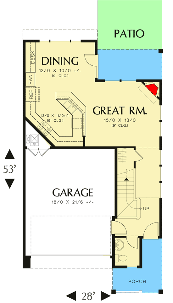 Plan 69480AM: Narrow Lot Cottage with Angled Kitchen - Floor Plan - Main Level - Cottage, Country, Craftsman, Northwest