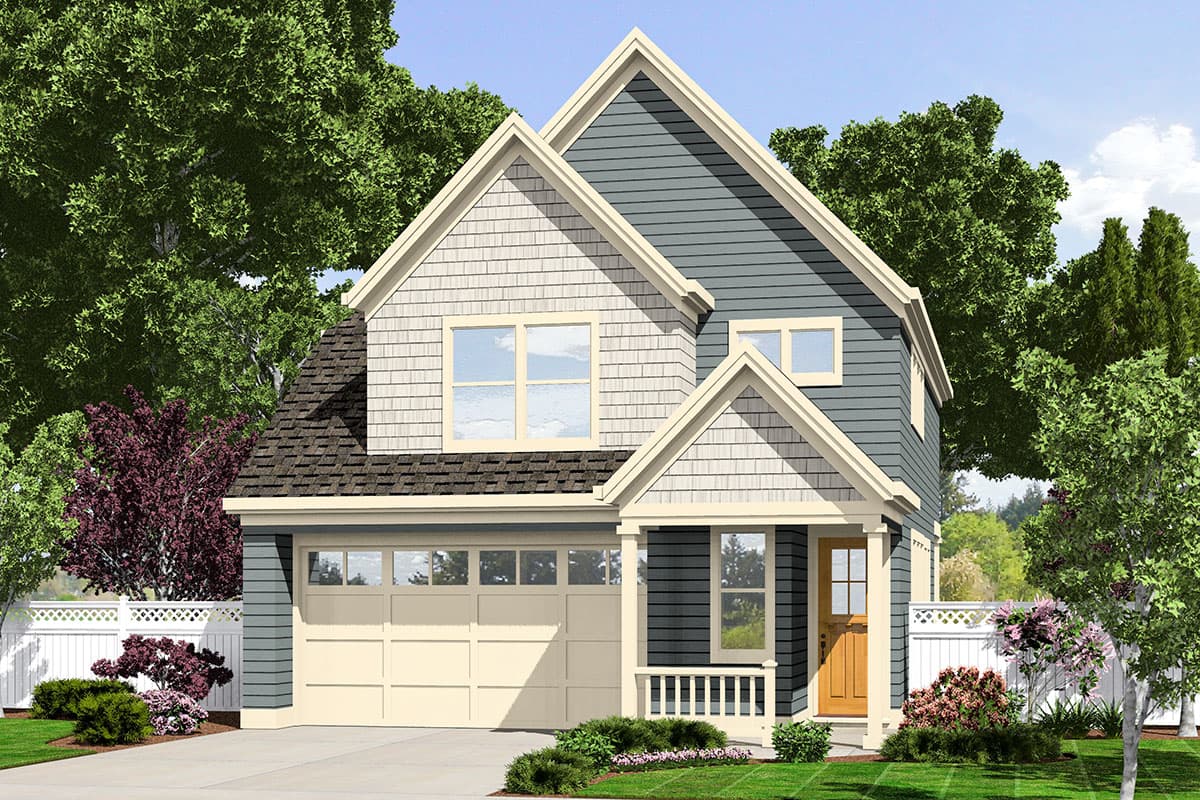 House plan exterior of a two-story home with gabled rooflines, shingle siding, and a front-facing garage.