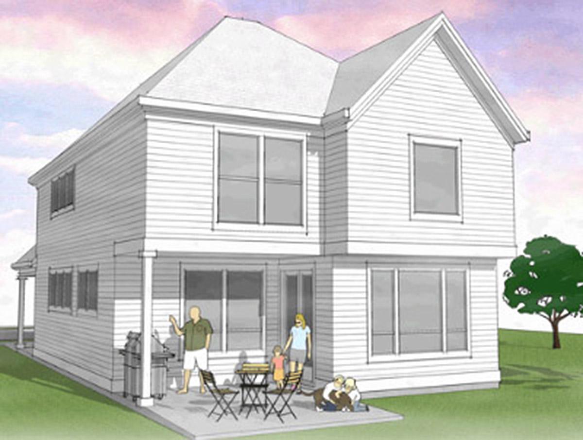 Two-story house plan exterior with gabled roof, siding, and patio with people grilling and sitting.