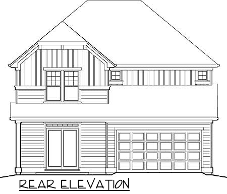 Rear elevation drawing of a two-story house plan with a prominent gable, double front doors, and a two-car garage.