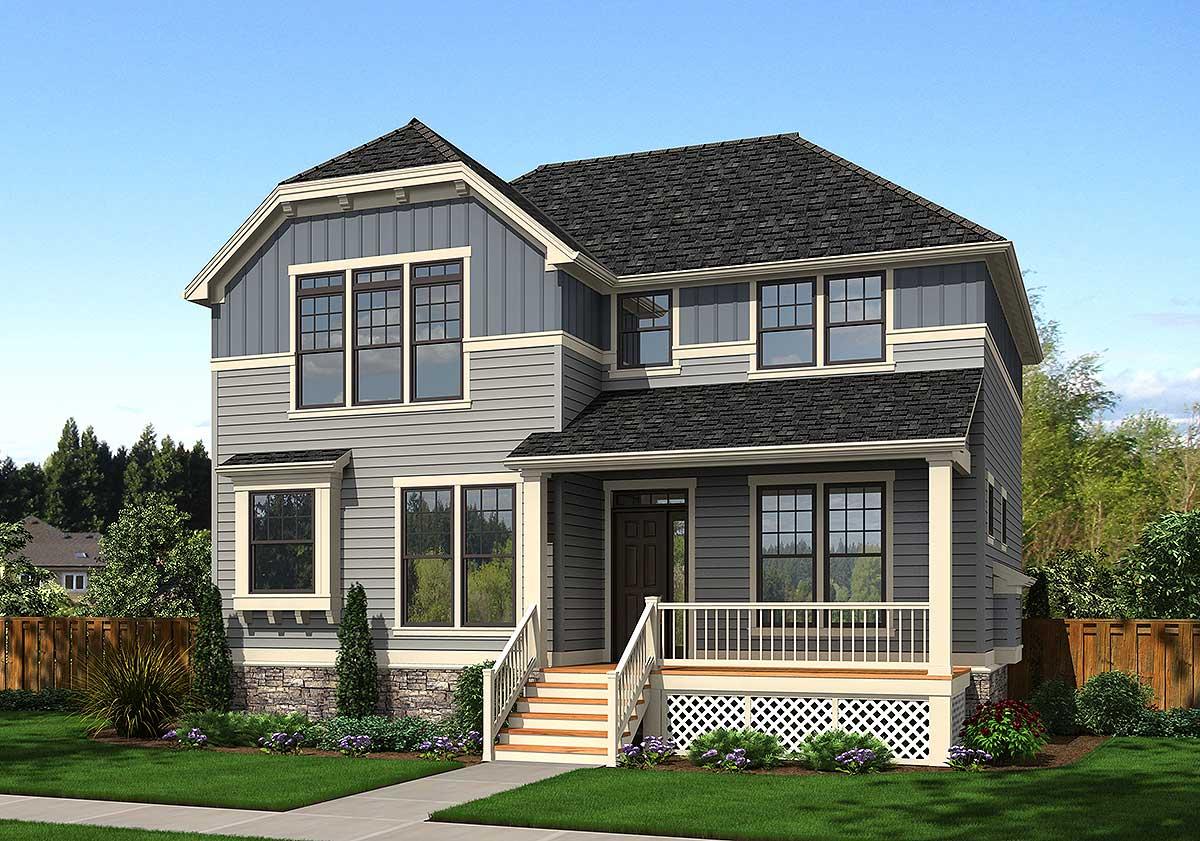 House plan exterior: Two-story home with a gabled dormer, front porch with lattice skirting, and stacked siding.