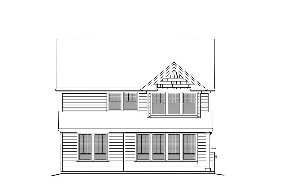 House plan exterior drawing featuring horizontal siding, a prominent gable with shingle siding, and multiple multi-pane windows.