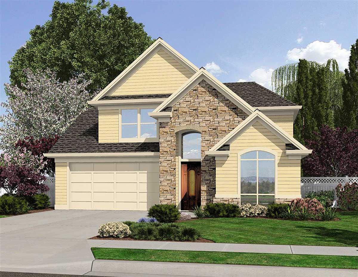 House plan exterior of a two-story home with stone accents, arched entry, gable dormers, and a two-car garage.