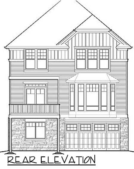 Rear elevation drawing of a multi-story house plan featuring a bay window, stone base, balcony, and multi-panel garage doors.