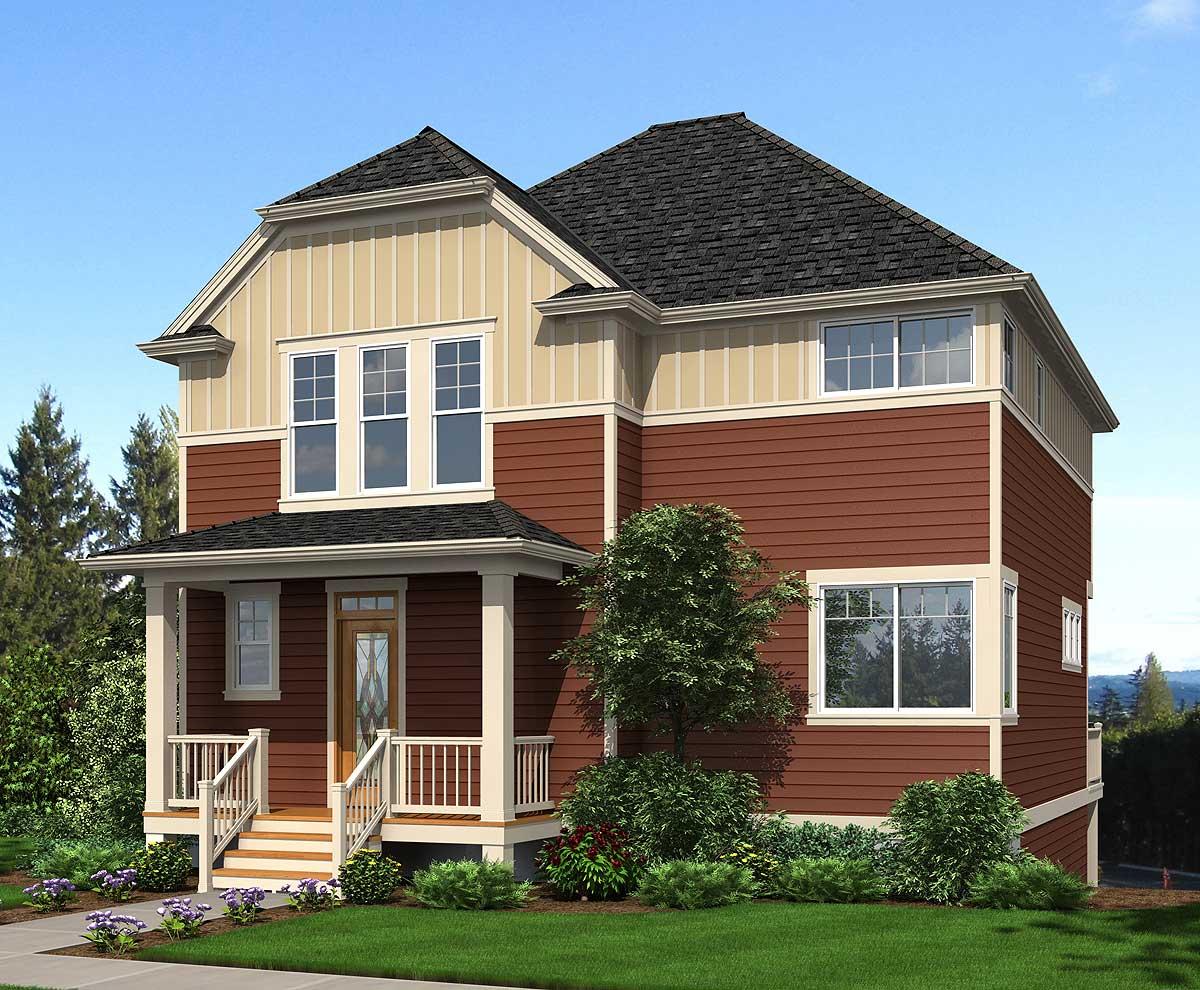 House plan exterior: Two-story house with prominent gables, covered porch with decorative columns, and mixed siding.