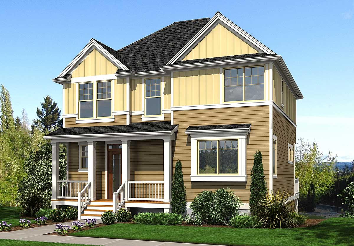 Two-story house plan exterior with a covered front porch, multiple gables, and horizontal siding.