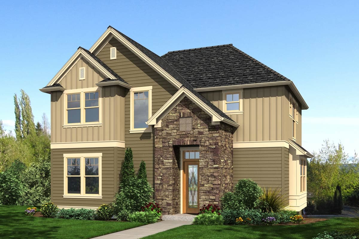 House plan exterior with stone-clad entry, gables, and two stories of board-and-batten siding.
