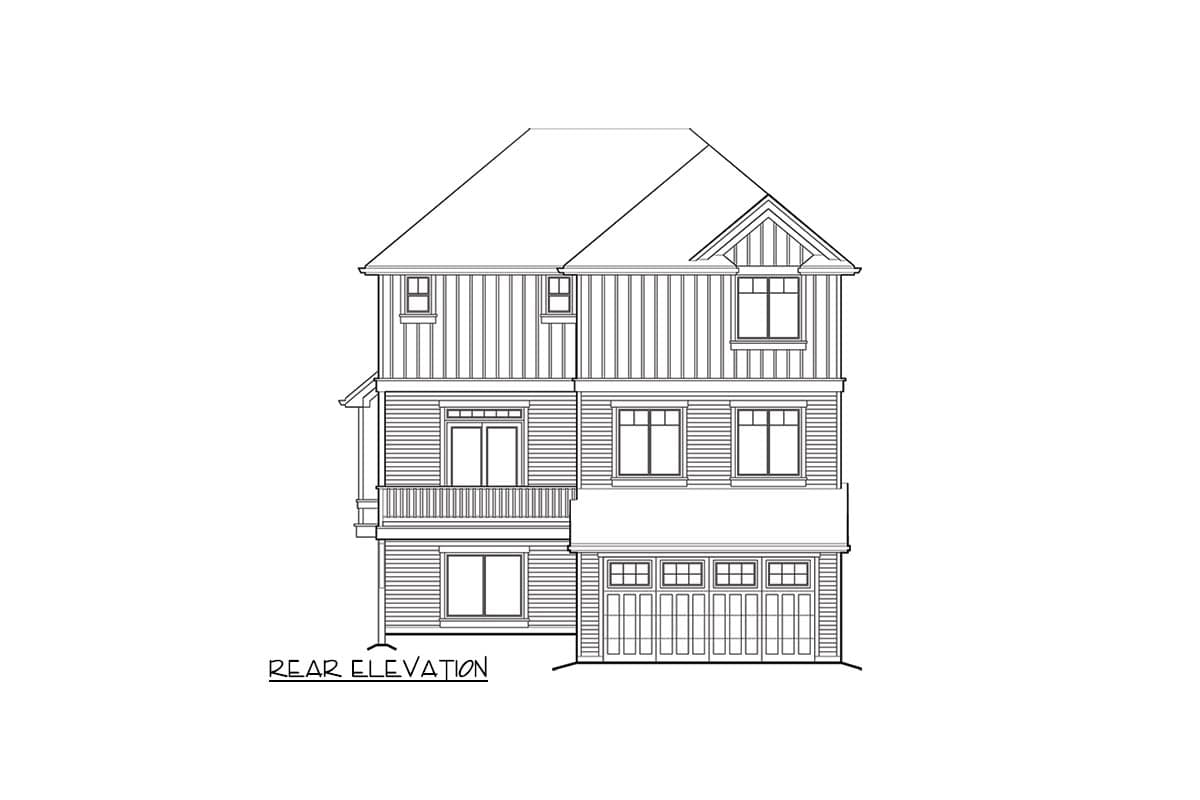 Rear elevation drawing of a three-story house plan featuring a gabled roof, second-story balcony, and a two-car garage.