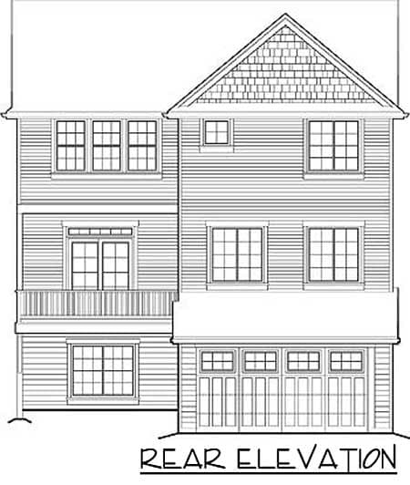 Rear elevation drawing of a two-story house plan with a gabled dormer, balcony, and a four-car garage.