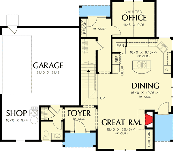 Plan 69489AM: 3 Bedroom House Plan with Shop Space and Home Office - 1951 Sq Ft - Floor Plan - Main Level - Craftsman, Northwest
