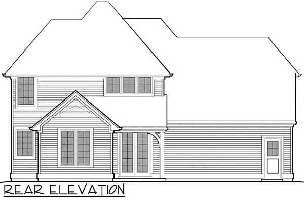 Rear elevation house plan showing two stories, gabled entry porch with double doors, multiple windows, and garage entry door.