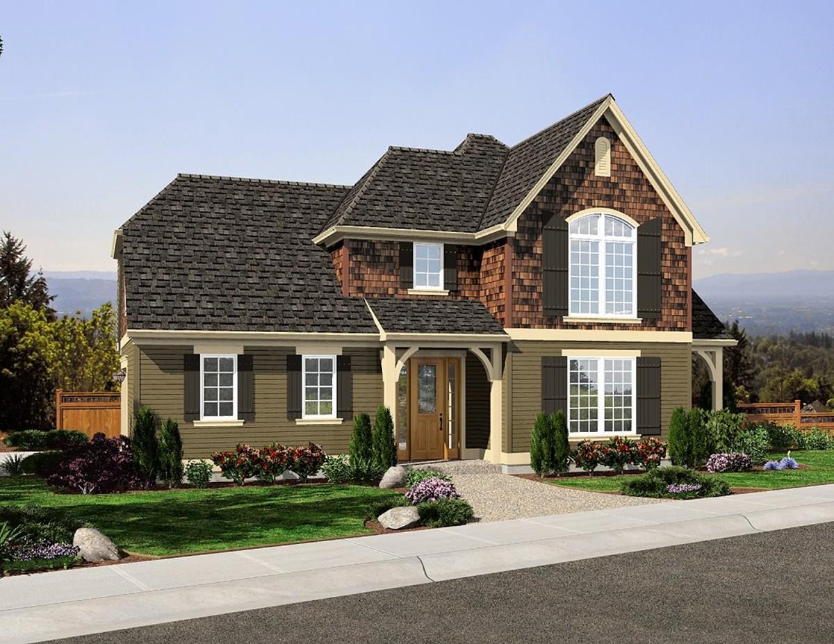 House plan exterior: Two-story home with dark shingle roof, wood siding, and arched upper window with shutters.