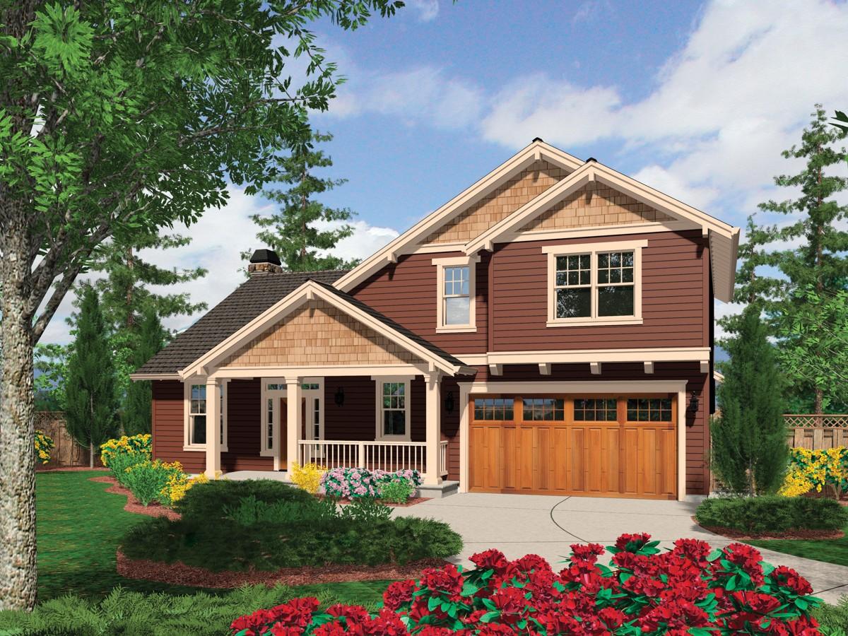 Craftsman house plan exterior: two stories, covered front porch with columns, cedar shingle gables, and wooden garage door.