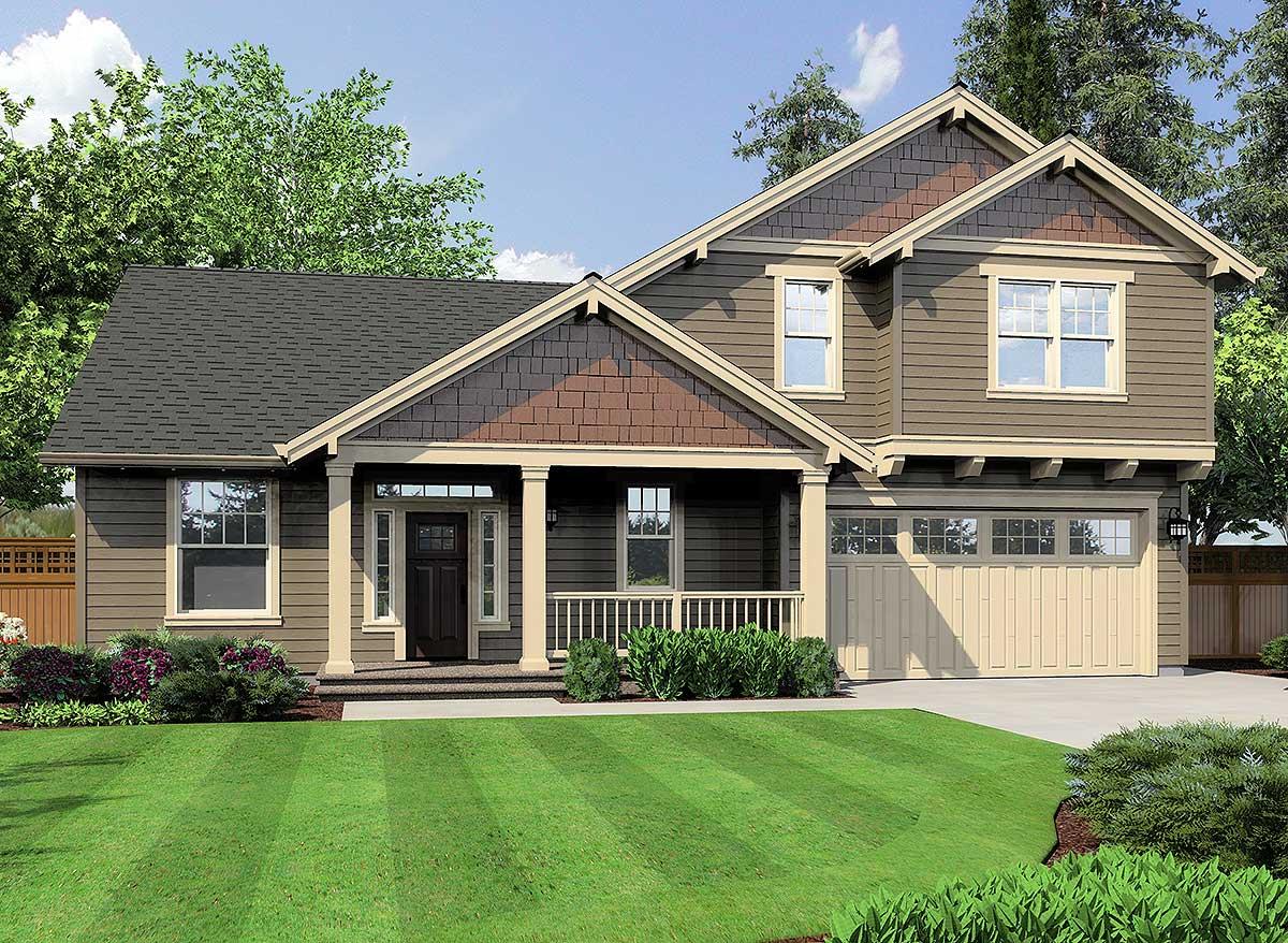Craftsman house plan exterior with a prominent front porch, stacked gables, and a two-car garage.