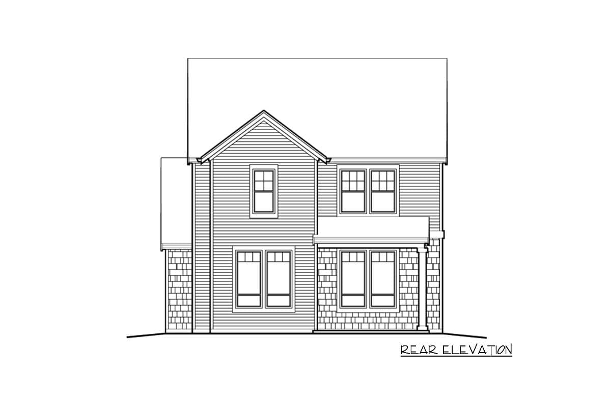 Rear elevation drawing of a two-story house plan with gabled roof, clapboard siding, and stone accents on lower level.
