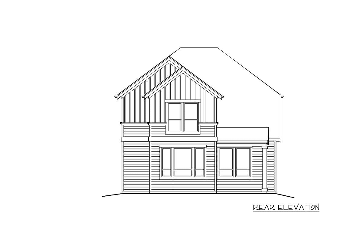 Rear elevation drawing of a two-story house with gabled dormers and a hip roof.