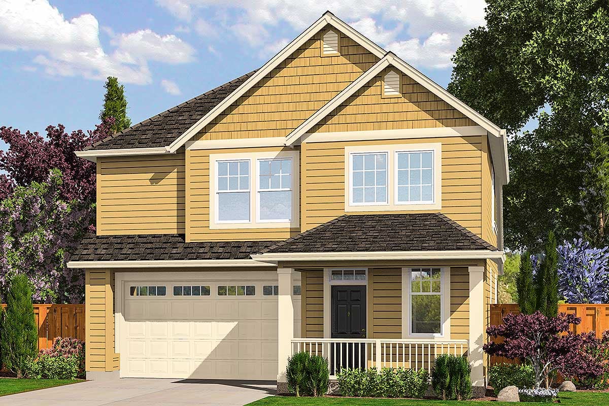 Two-story house plan exterior with gabled dormers, horizontal siding, a covered front porch, and an attached garage.