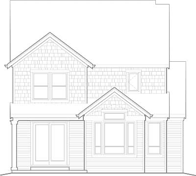 House plan exterior elevation of a two-story home with shake siding, gables, bay window, and double doors.