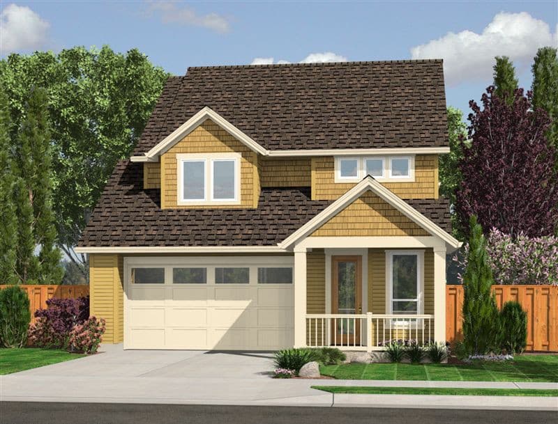 House plan exterior: Two-story home with a front porch, gable dormers, and an attached garage.
