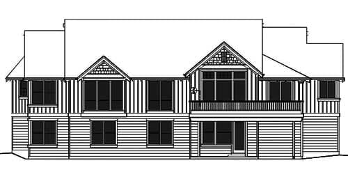 House plan exterior drawing: Two-story home with varied gables, a central balcony, and horizontal siding.