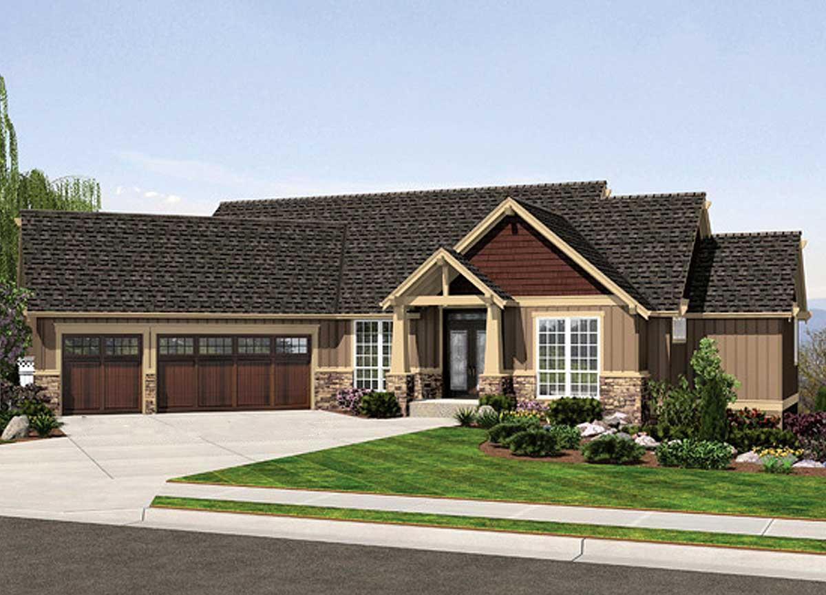 House plan exterior: Ranch style with a prominent gable, three-car side-entry garage, and stone and board-and-batten siding.