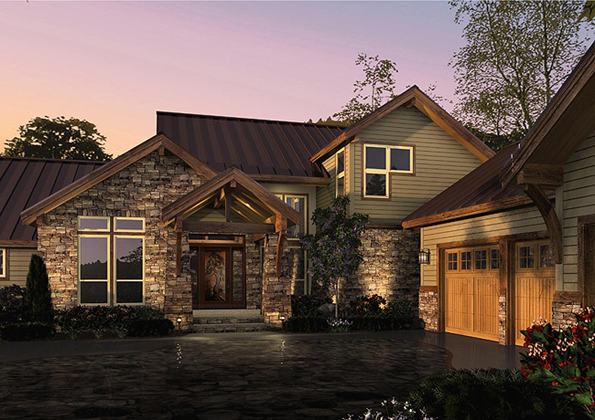 House plan exterior shows a two-story home with stone accents, a covered entry, gabled dormers, and a triple garage.