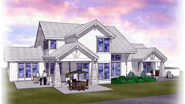 House plan exterior with Modern Farmhouse style, prominent gables, stone accents, and covered patios.