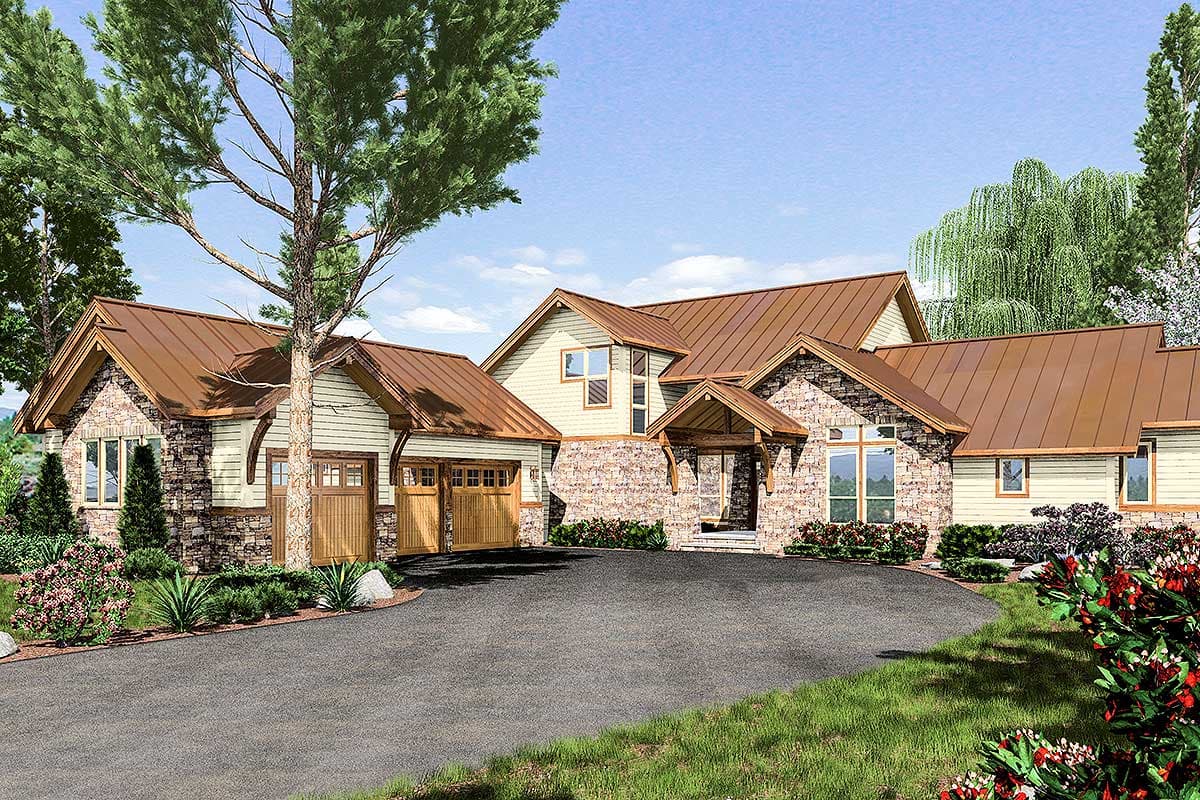 House plan exterior with stone accents, gabled rooflines, and a covered entry. Features an attached garage and a winding driveway.