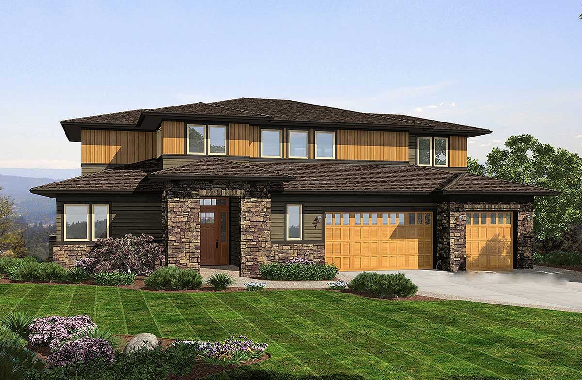 House plan exterior with two stories. Craftsman style with stone accents, a multi-gabled roof, and a two-car garage.