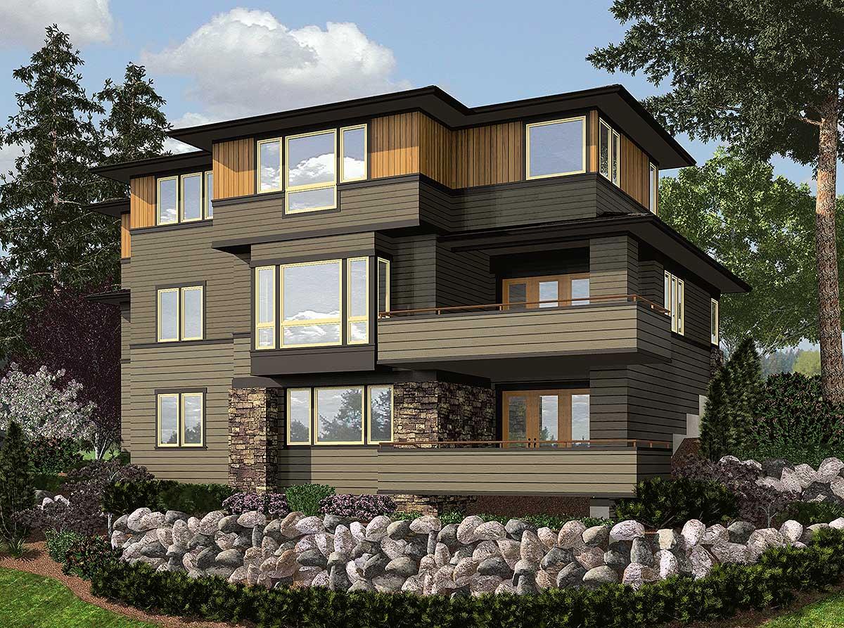 Modern house plan exterior with three stories, horizontal siding, stone accents, and balconies.