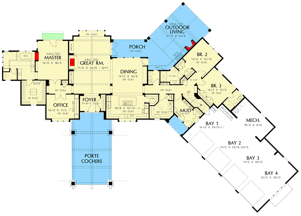 Plan 69499AM: Mountain Craftsman with Angled 4-Car Garage - Floor Plan - Main Level - Craftsman, Mountain, Northwest