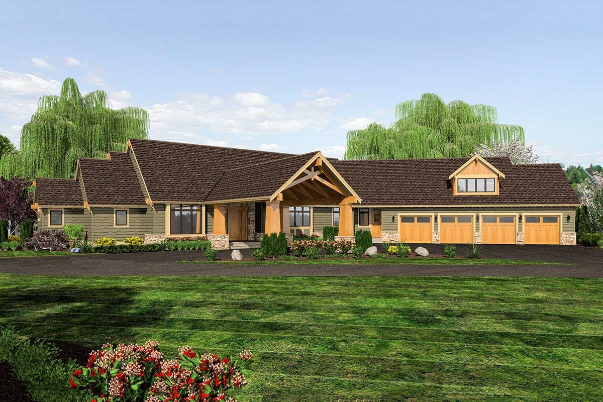 House plan exterior. Craftsman style, one story home with gabled roof, covered entry porch, and three-car garage with dormer.
