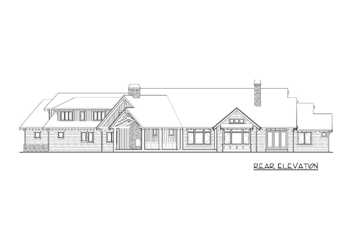 Rear elevation drawing of a long, 1.5-story house with stone accents, multiple gables, and a covered entry.