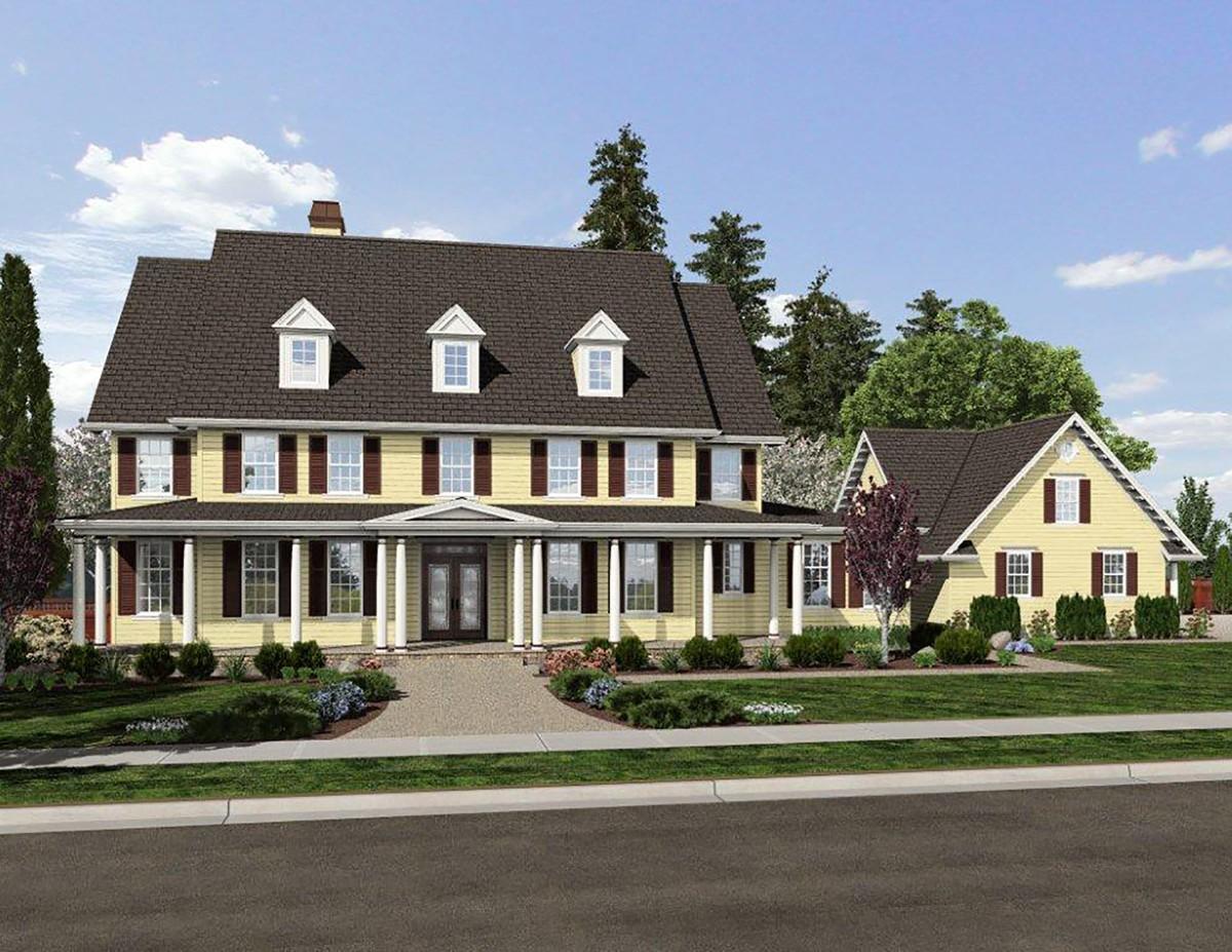House plan exterior: two-story Traditional style home with wrap-around porch, central dormers, and attached garage.