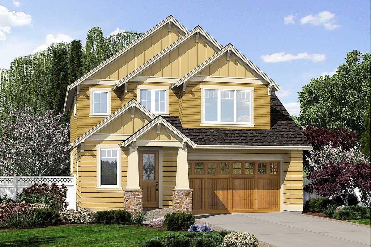 House plan exterior rendering. Two-story Craftsman style home with gabled rooflines, covered entry porch with stone accents, and attached garage.