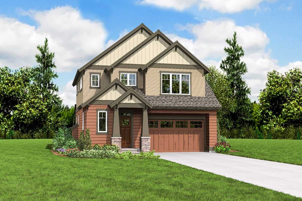 House plan exterior: Two-story modern house with a prominent gable, covered front porch with stone accents, and a two-car garage.