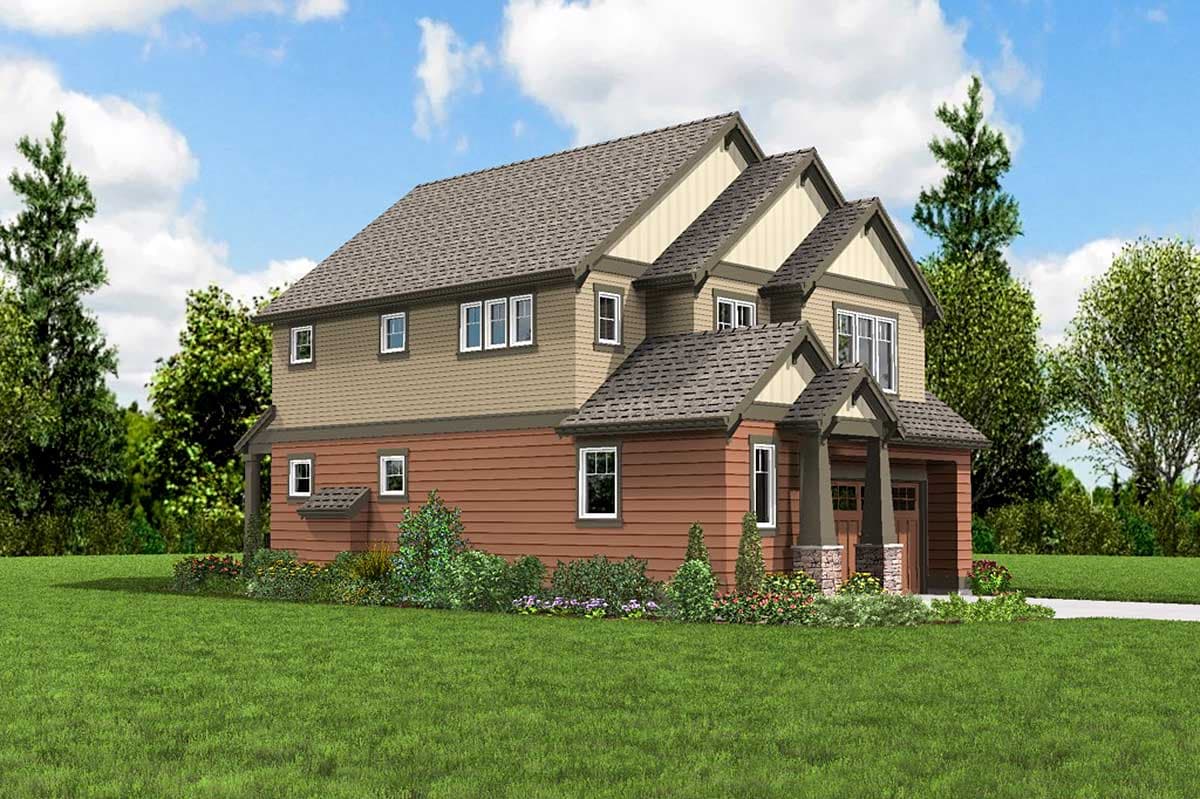 House plan exterior, two-story home with gabled dormers, stacked windows, and a covered front porch with stone accents.