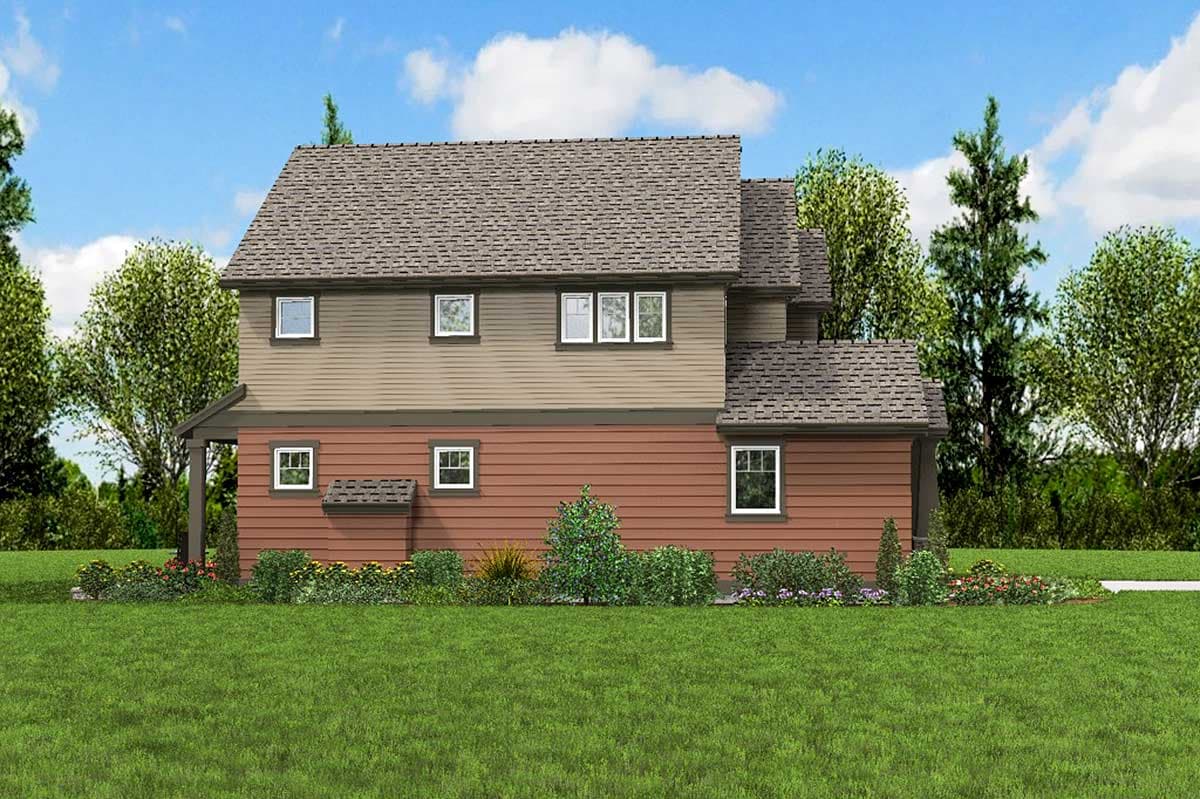 House plan exterior: Two-story home with a hipped roof, contrasting siding, multiple gables, and a covered porch.