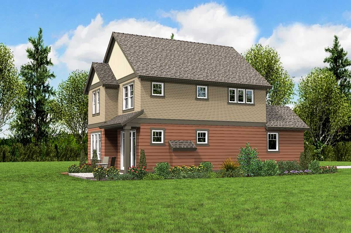 House plan exterior with a two-story main structure, gabled dormers, and contrasting siding.